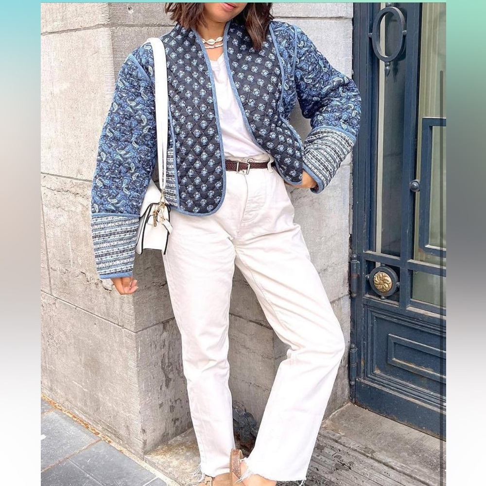 Reversible Cropped Quilted Jacket Cardigan Floral Printed